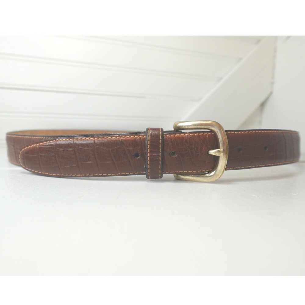 Vintage Oil-Tanned Cowhide Brown Leather Belt Men's 34-35 Crocodile Embossed
